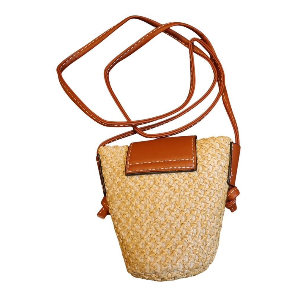 Raffia Woven Mini Crossbody Bag Turn Lock Brown Trim Straw Purse NWT - Picture 3 of 9